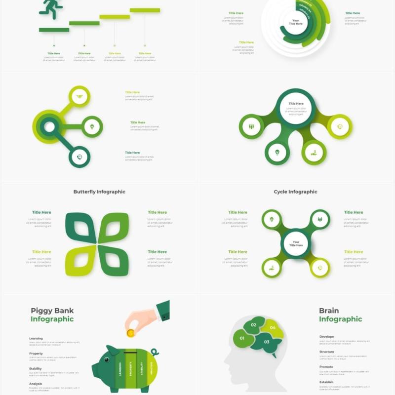 绿色圆形结构图并列关系信息图表PPT元素素材Infographic Green