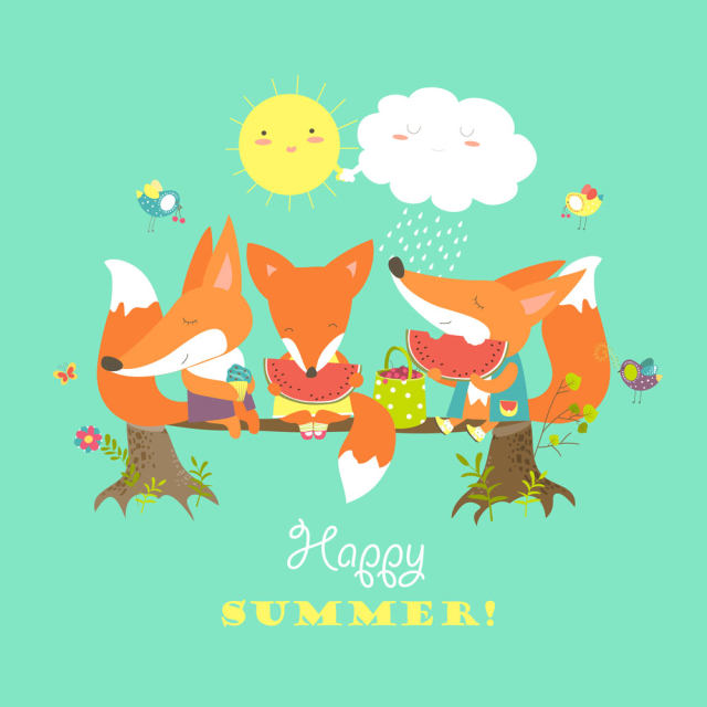 可爱卡通三只狐狸吃西瓜森林动物插画EPS矢量素材