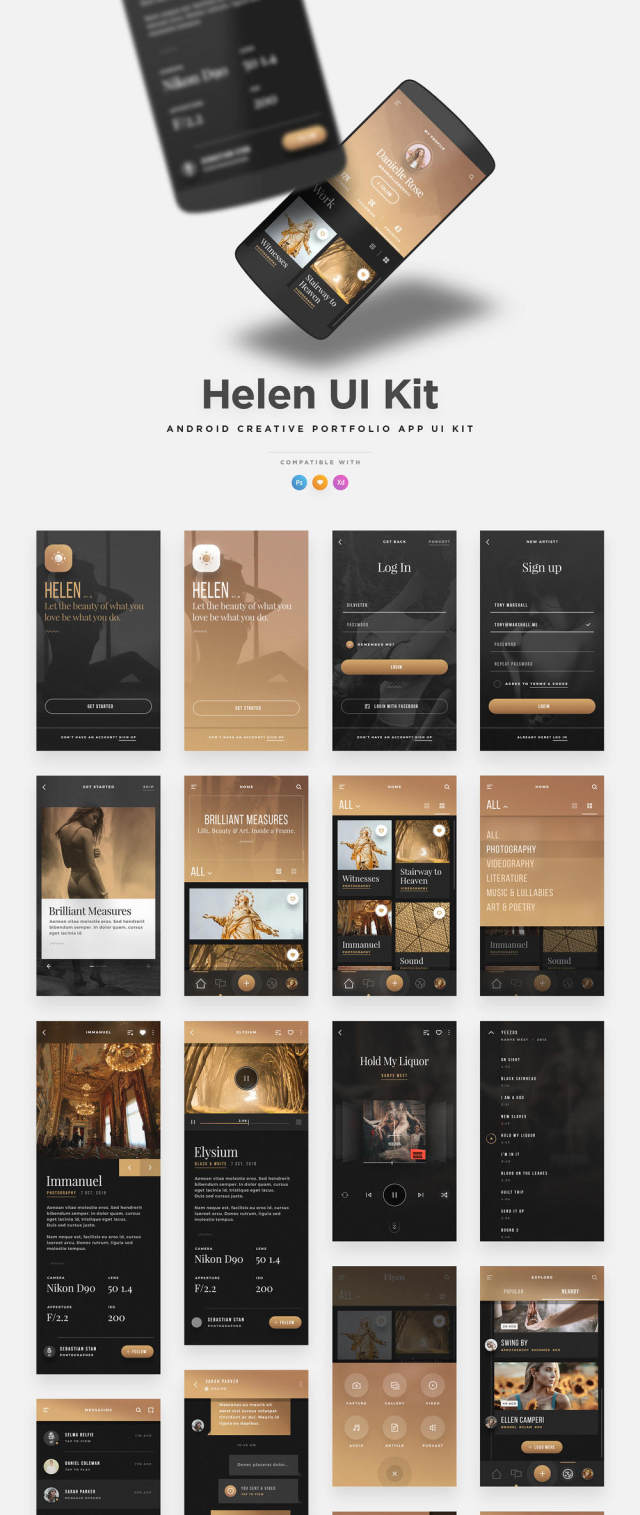 移动产品组合应用程序UI工具包 - 用于Photoshop,Sketch和XD,Helen Android UI工具包 移动产品组合应用程序UI工具包 - 用于Photoshop,Sketch和XD,Helen Android UI工具包