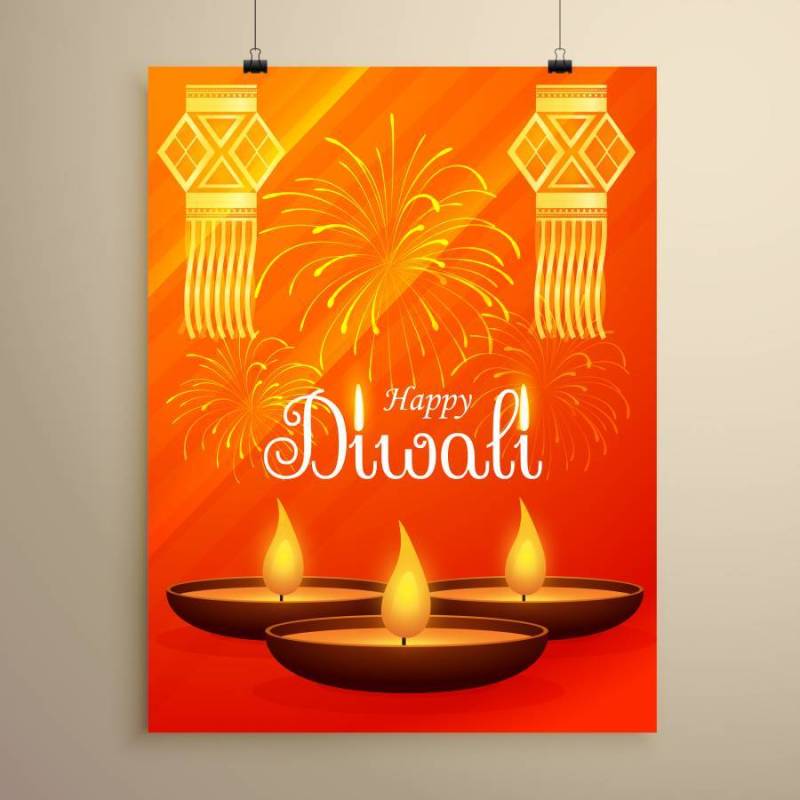 与diya，烟花和垂悬的la的diwali节日传单设计