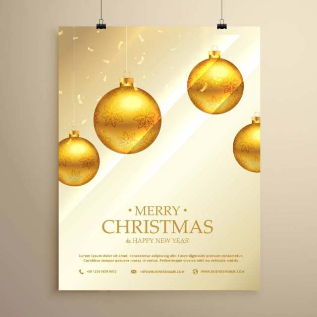 圣诞节传单小册子模板与垂悬金球装饰