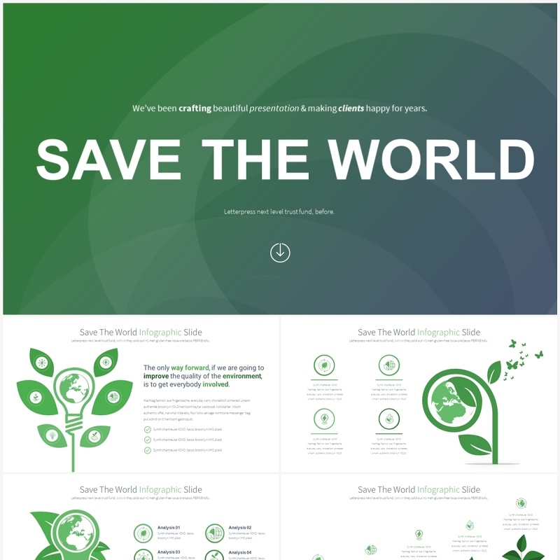 绿色系节能环保绿色生态创意插画PPT素材SAVE THE WORLD