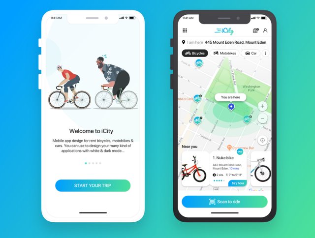 iCity是一款Sketch移动应用UI KIT，可以轻松为您的初创产品定制。，iCity - 租自行车移动应用