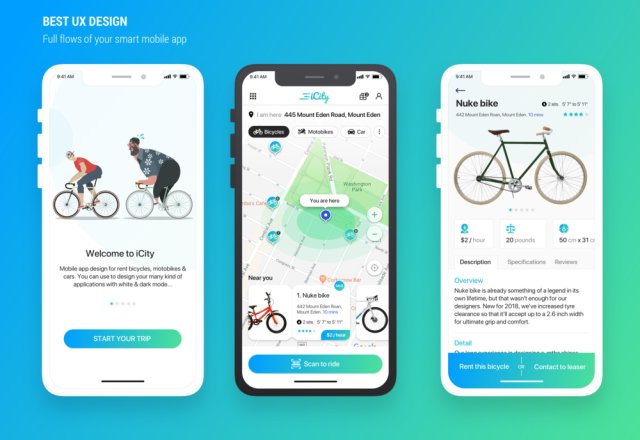 iCity是一款Sketch移动应用UI KIT，可以轻松为您的初创产品定制。，iCity - 租自行车移动应用