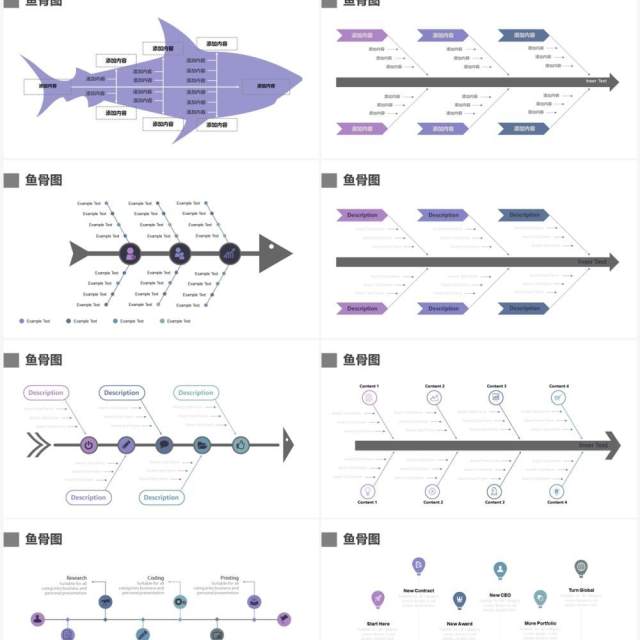 紫色20页鱼骨图可视化图表集PPT模板