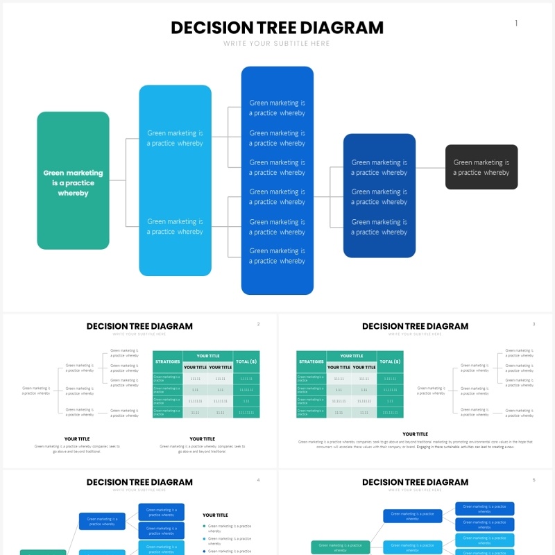 蓝绿简洁决策树思维导图PPT素材模板Decision Tree Slides Template