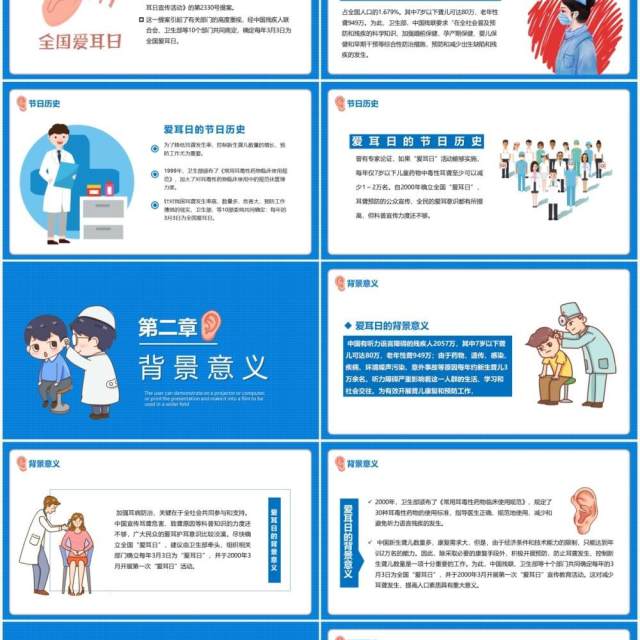 蓝色卡通风全国爱耳日宣传教育培训PPT模板