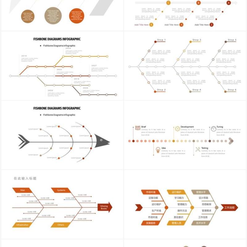 20页彩色鱼骨图可视化图表集PPT素材模板