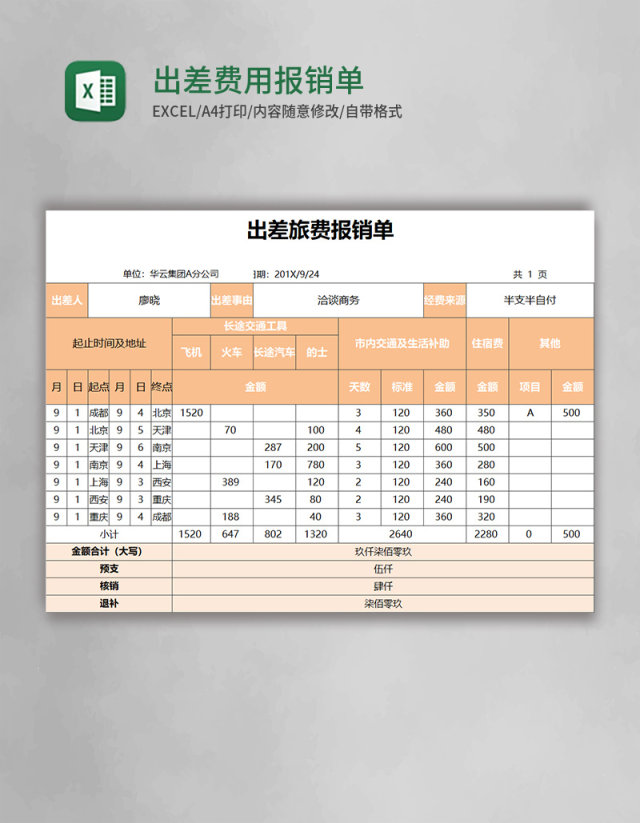 出差费用报销单excel表格模板