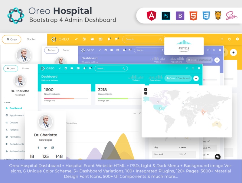 引导4仪表灯和黑暗的主题为医生及医院，奥利奥医院HTML管理模板