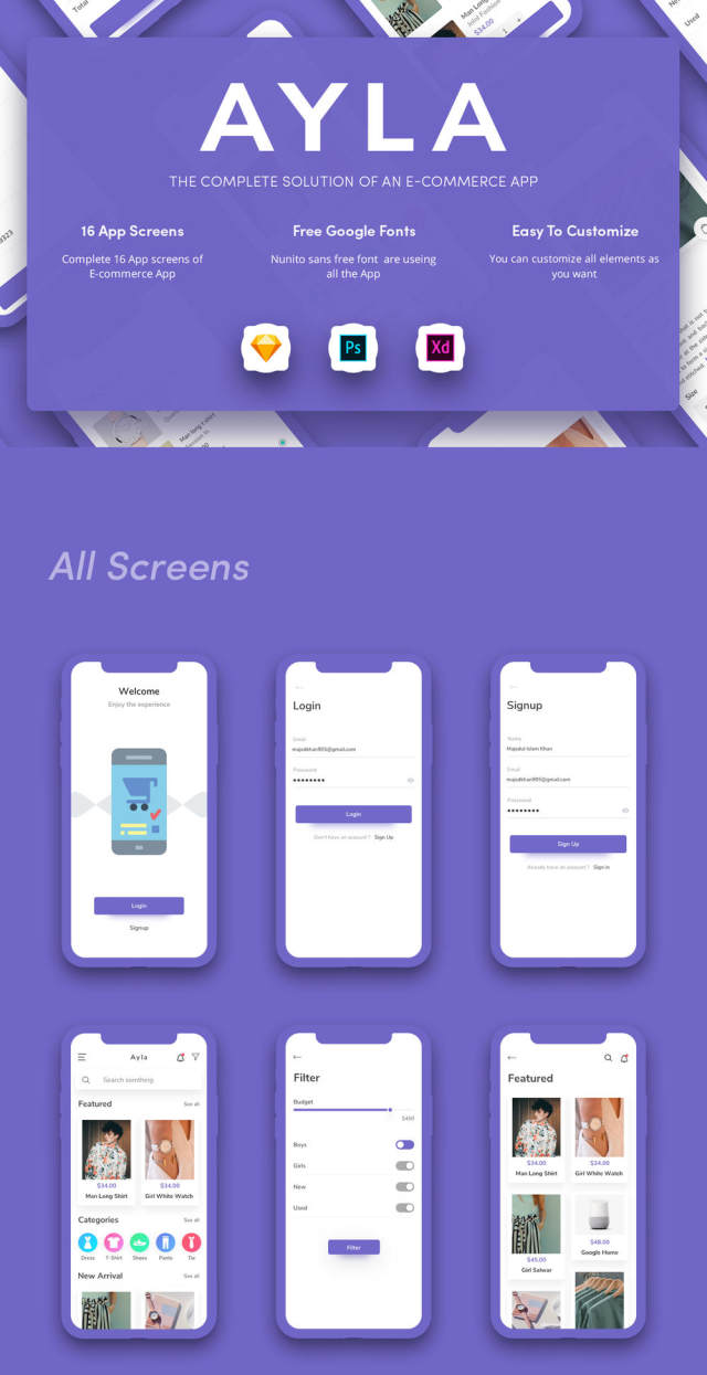 用于Sketch,Photoshop和XD的iOS电子商务UI工具包,Ayla电子商务UI工具包 用于Sketch,Photoshop和XD的iOS电子商务UI工具包,Ayla电子商务UI工具包