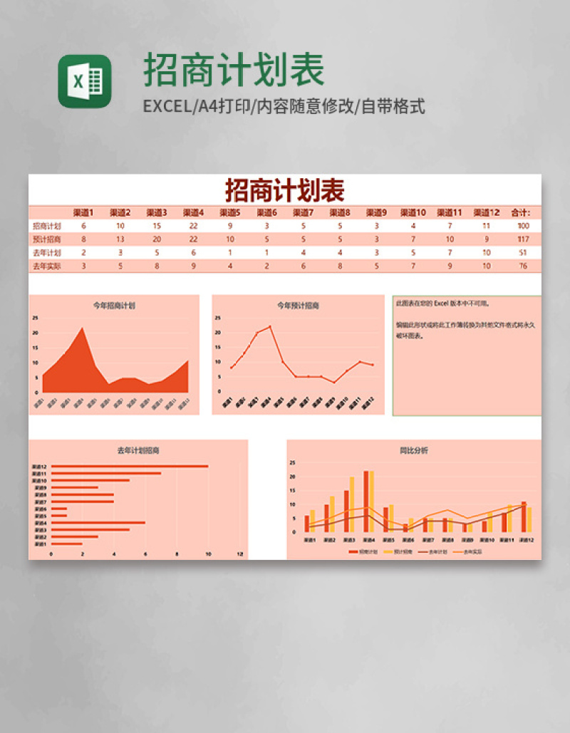 橙色简约招商计划表excel模版 