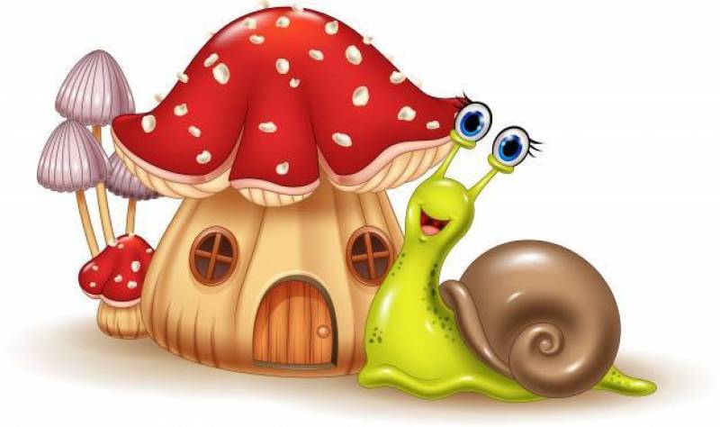 美丽的蘑菇房子和愉快的蜗牛动画片