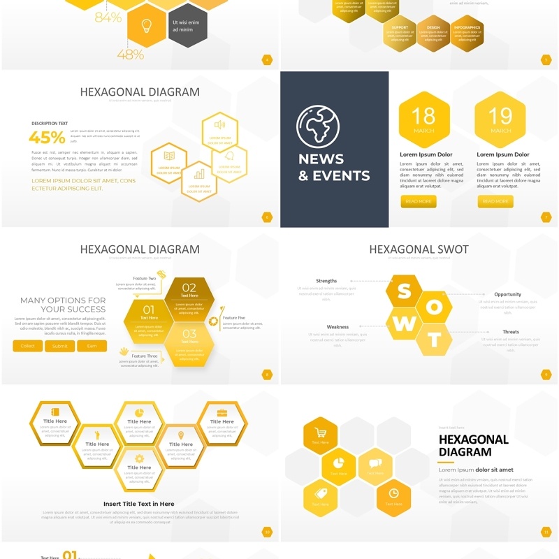黄色六边形信息图PPT模板素材Wide Yellow Light Hexagonal Infographic