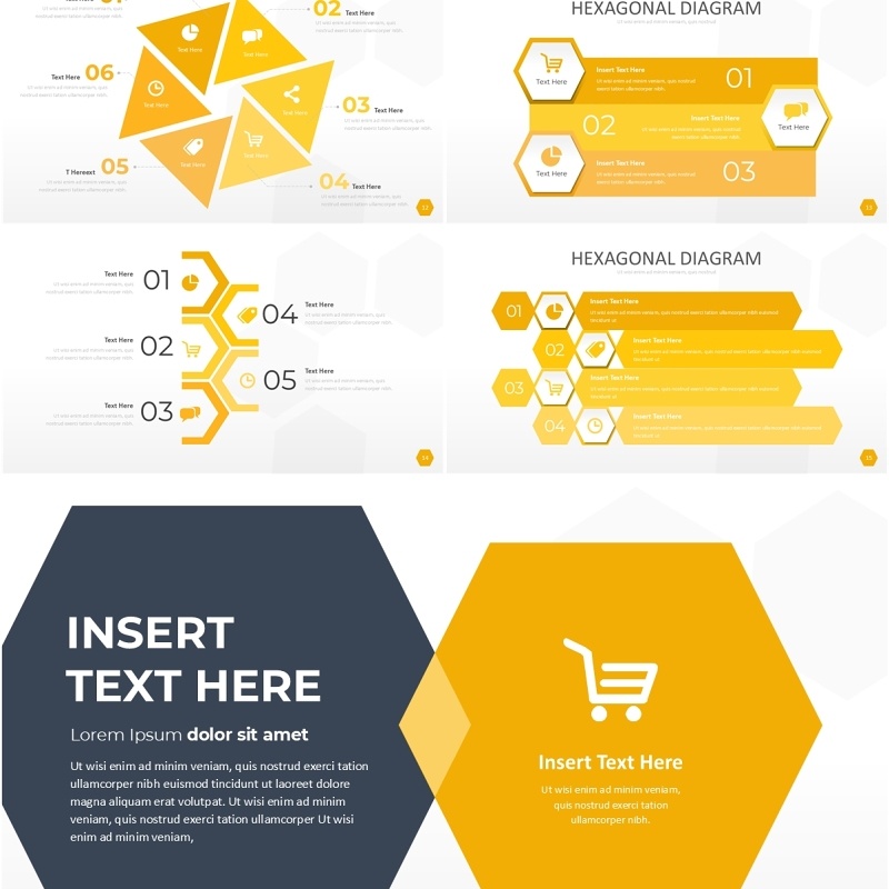 黄色六边形信息图PPT模板素材Wide Yellow Light Hexagonal Infographic