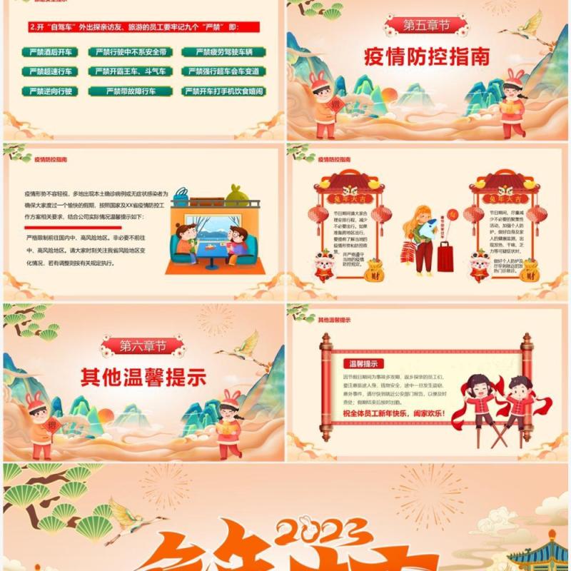 橙色国潮2023兔年大吉春节放假通知PPT模板