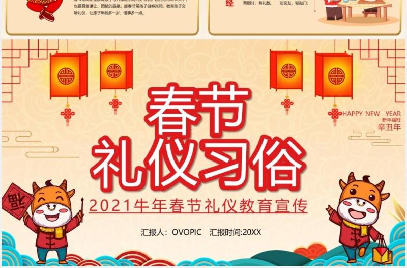 卡通2021年春节礼仪习俗介绍PPT模板