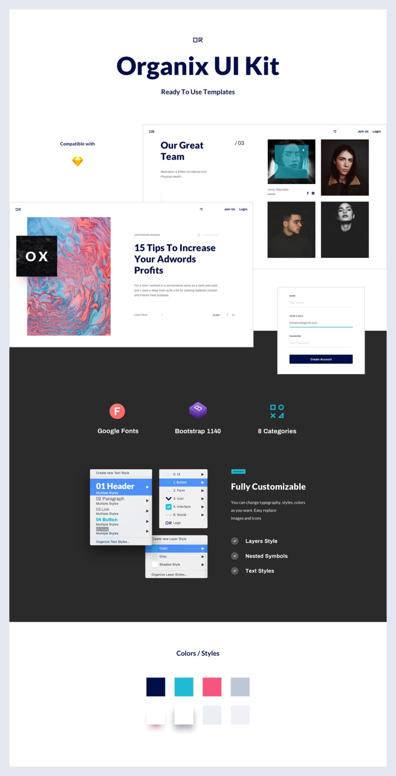 用于Sketch的Organix UI工具包，Organix UI模板