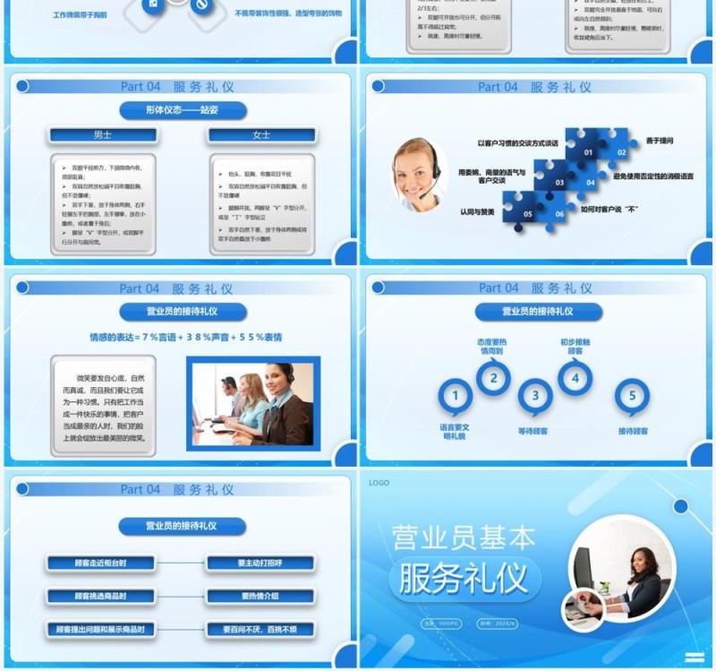 蓝色商务营业员基本服务礼仪培训PPT模板
