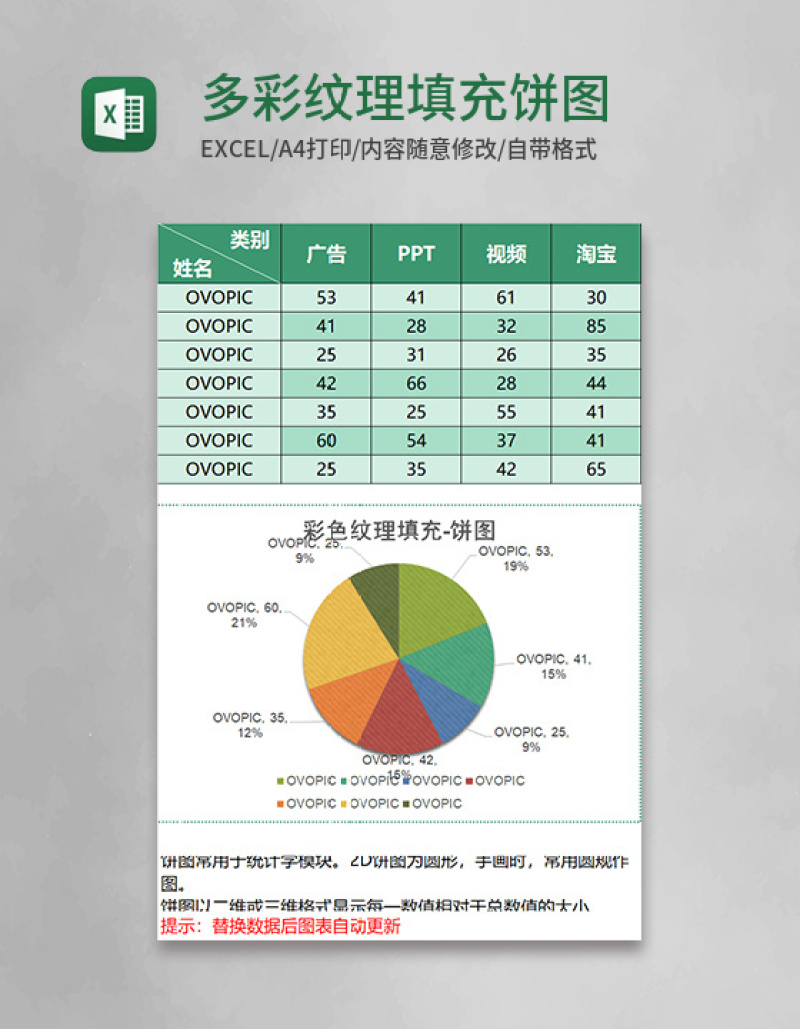 多彩纹理填充饼图excel模板