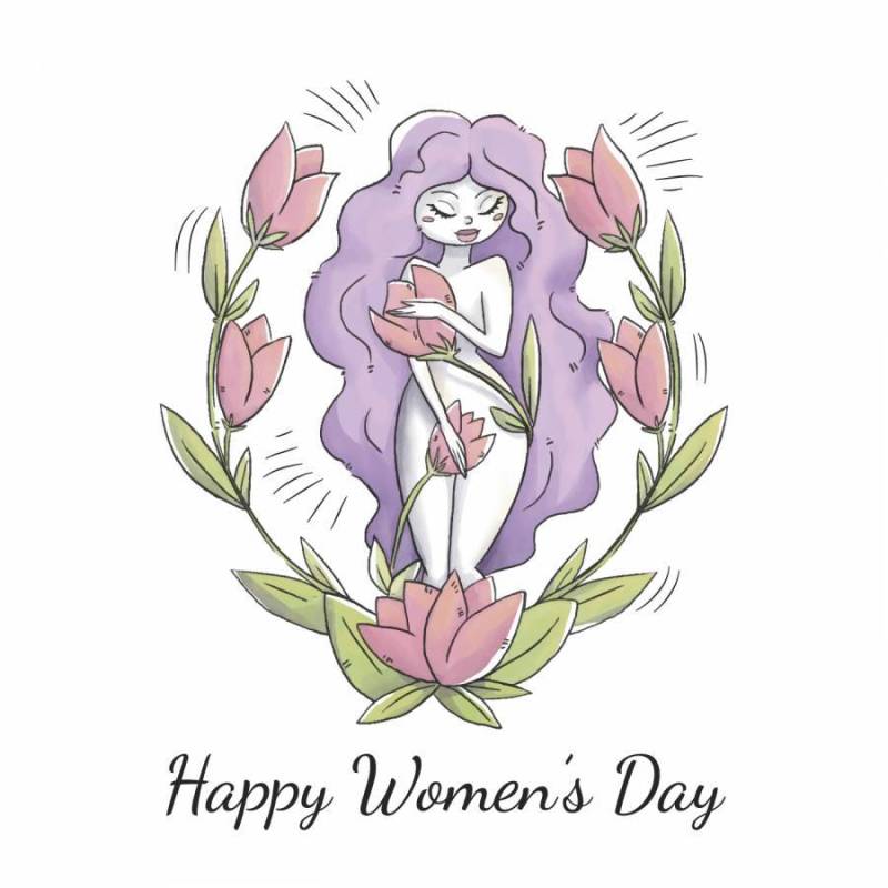 可爱的女人性格与紫色的长头发，叶子和花对妇女的一天