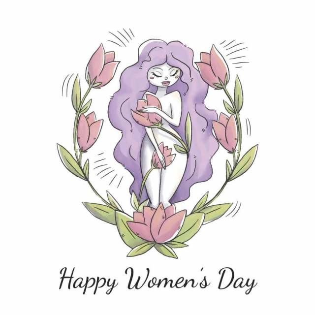 可爱的女人性格与紫色的长头发,叶子和花对妇女的一天 可爱的女人性格与紫色的长头发,叶子和花对妇女的一天