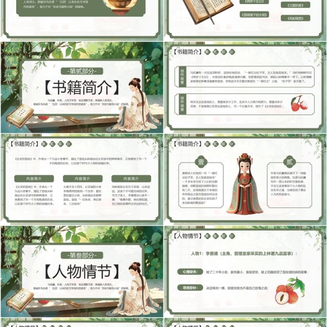 绿色插画风长安的荔枝读书分享PPT模板 绿色插画风长安的荔枝读书分享PPT模板