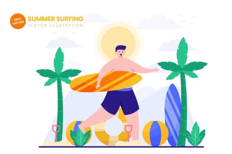 夏季冲浪平面矢量图AI人物插画设计素材Summer Surfing Flat Vector Illustration
