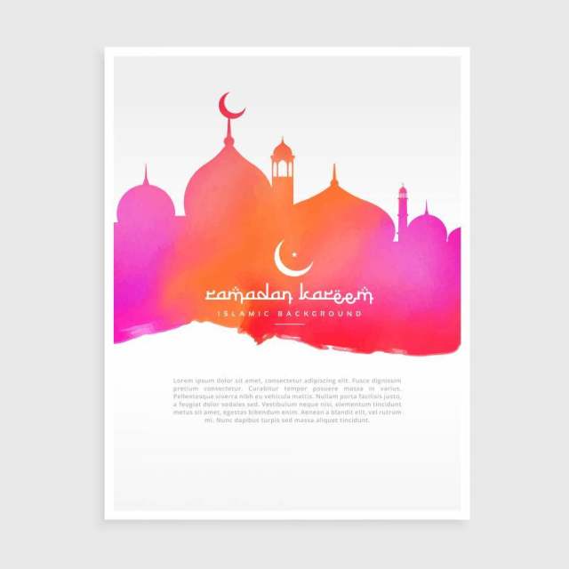 斋月海报与清真寺在五颜六色的水彩墨迹风格