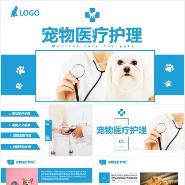 蓝色简约宠物医疗护理介绍宣传培训PPT模板 蓝色简约宠物医疗护理介绍宣传培训PPT模板