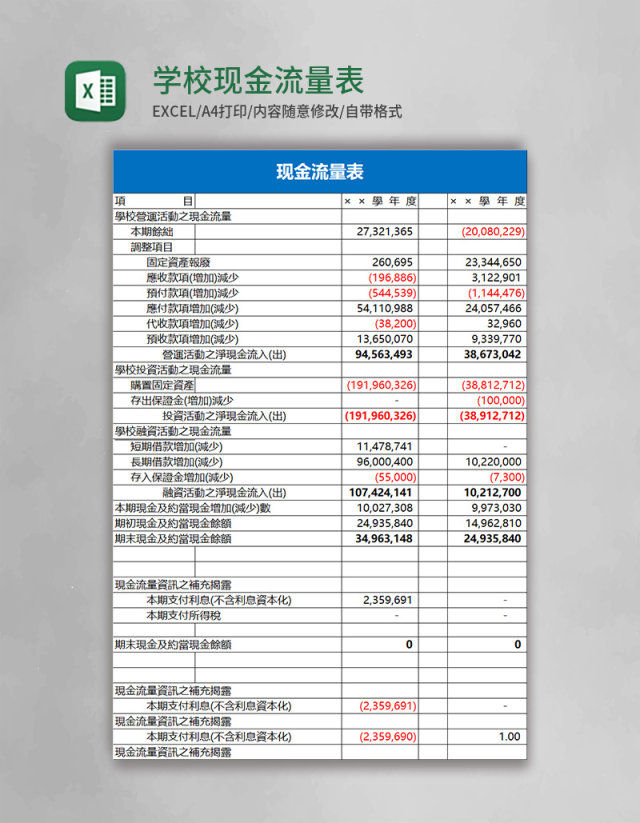 学校现金流量表Excel表格