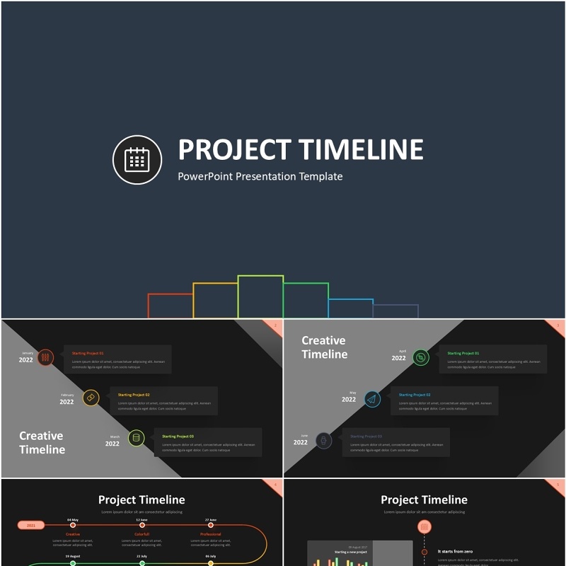 项目时间轴信息图表PPT模板素材Project Timeline Line 3 Dark