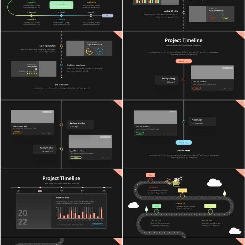 项目时间轴信息图表PPT模板素材Project Timeline Line 3 Dark