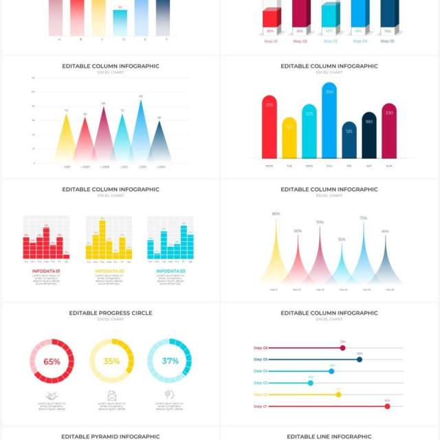 多彩浅色系可编辑数据图表多形式对比关系PPT素材元素Excel data charts