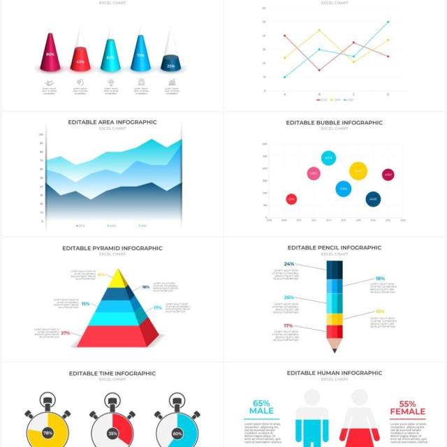 多彩浅色系可编辑数据图表多形式对比关系PPT素材元素Excel data charts