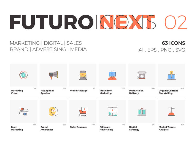 一套63个高质量的营销符号和隐喻为Illustrator。，Futuro Next Marketing