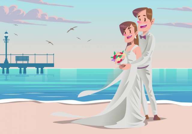 一对夫妇在他们的海滩婚礼矢量