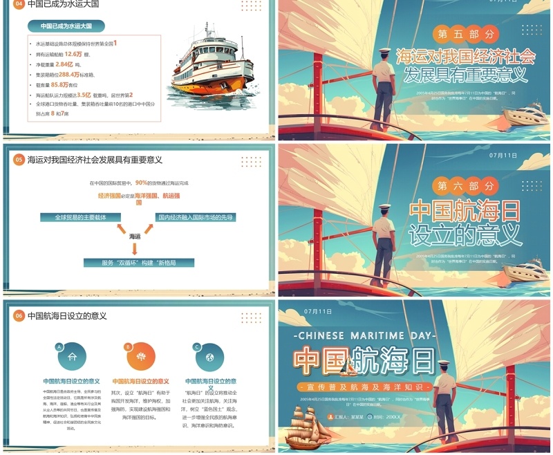 绿色插画风中国航海日科普PPT模板