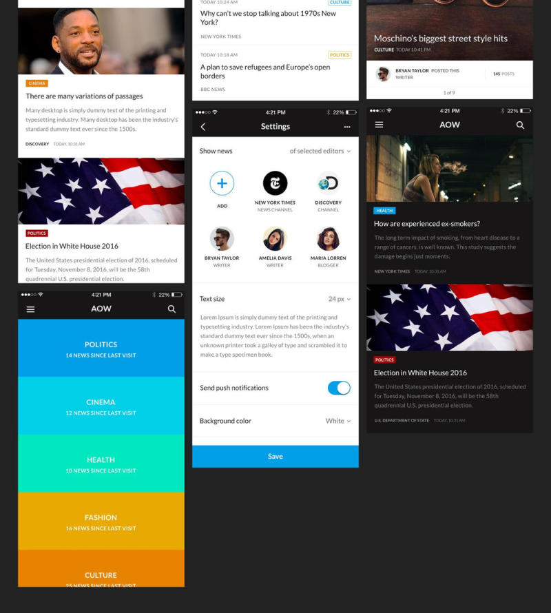 AOW用户界面套件包含145个高品质iOS 9屏幕 AOW用户界面套件包含145个高品质iOS 9屏幕