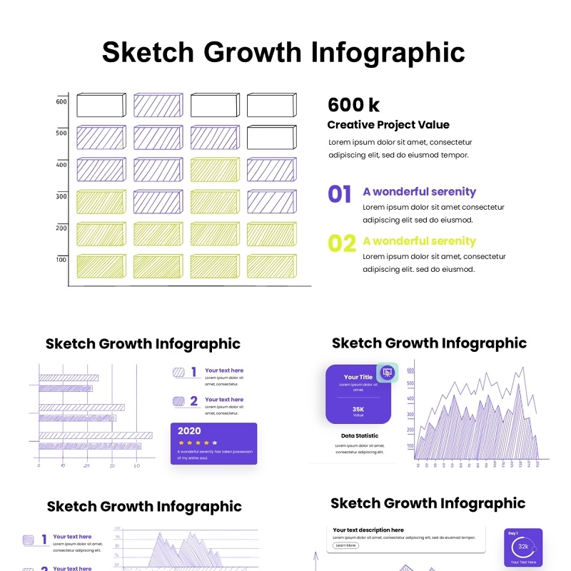 彩色简洁素描线图信息增长图表PPT素材模板Drawing Sketch Growth Infographic