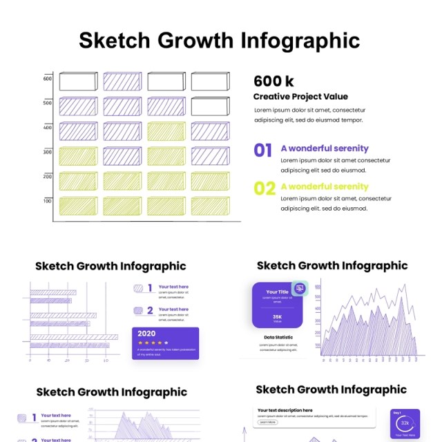 彩色简洁素描线图信息增长图表PPT素材模板Drawing Sketch Growth Infographic