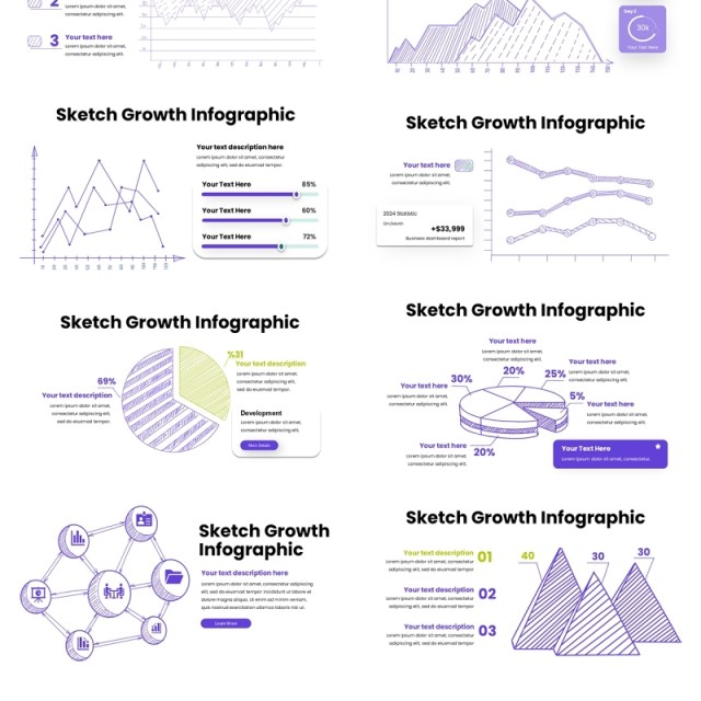 彩色简洁素描线图信息增长图表PPT素材模板Drawing Sketch Growth Infographic