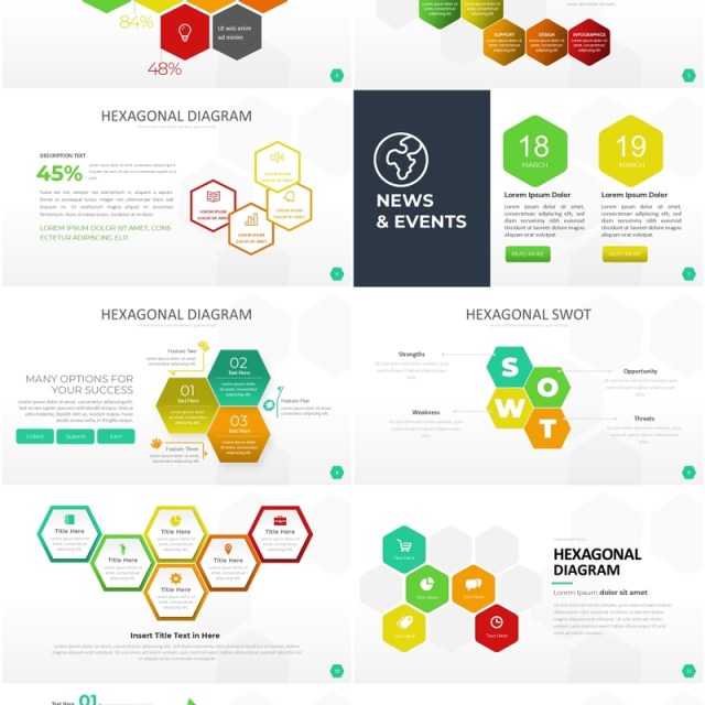 彩色六边形信息图PPT模板素材Wide Light Hexagonal Infographic