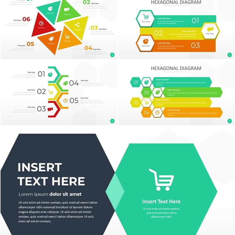 彩色六边形信息图PPT模板素材Wide Light Hexagonal Infographic