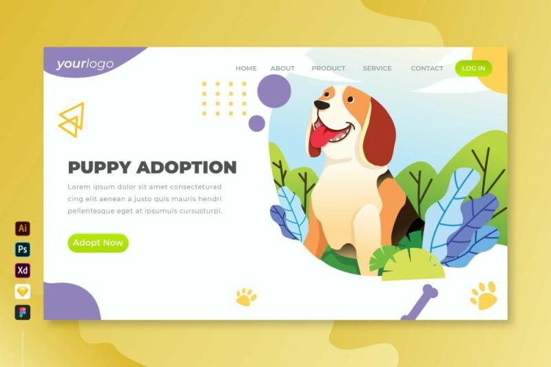 小狗收养所矢量插画登录页UI界面AI设计puppy adoption vector landing page