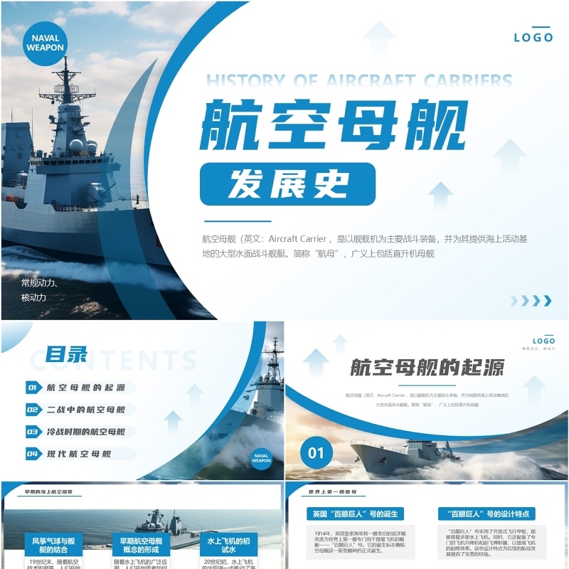 蓝色简约风航空母舰发展史PPT模板