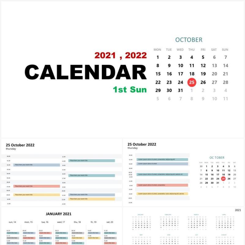 2021-2022年日历第一个星期日PPT素材图表Calendar 1st Sunday