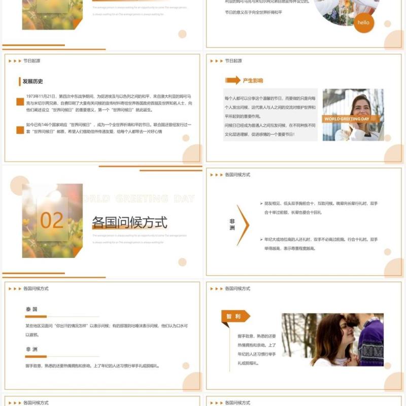 橙色简约风世界问候日介绍PPT模板