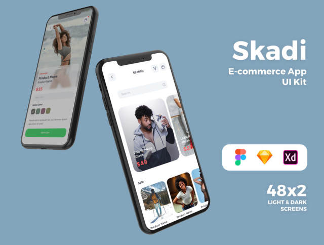 高品质的模板设计草图，Adobe公司的XD和FIGMA电子商务的移动应用程序，丝卡蒂电子商务应用UI工具包
