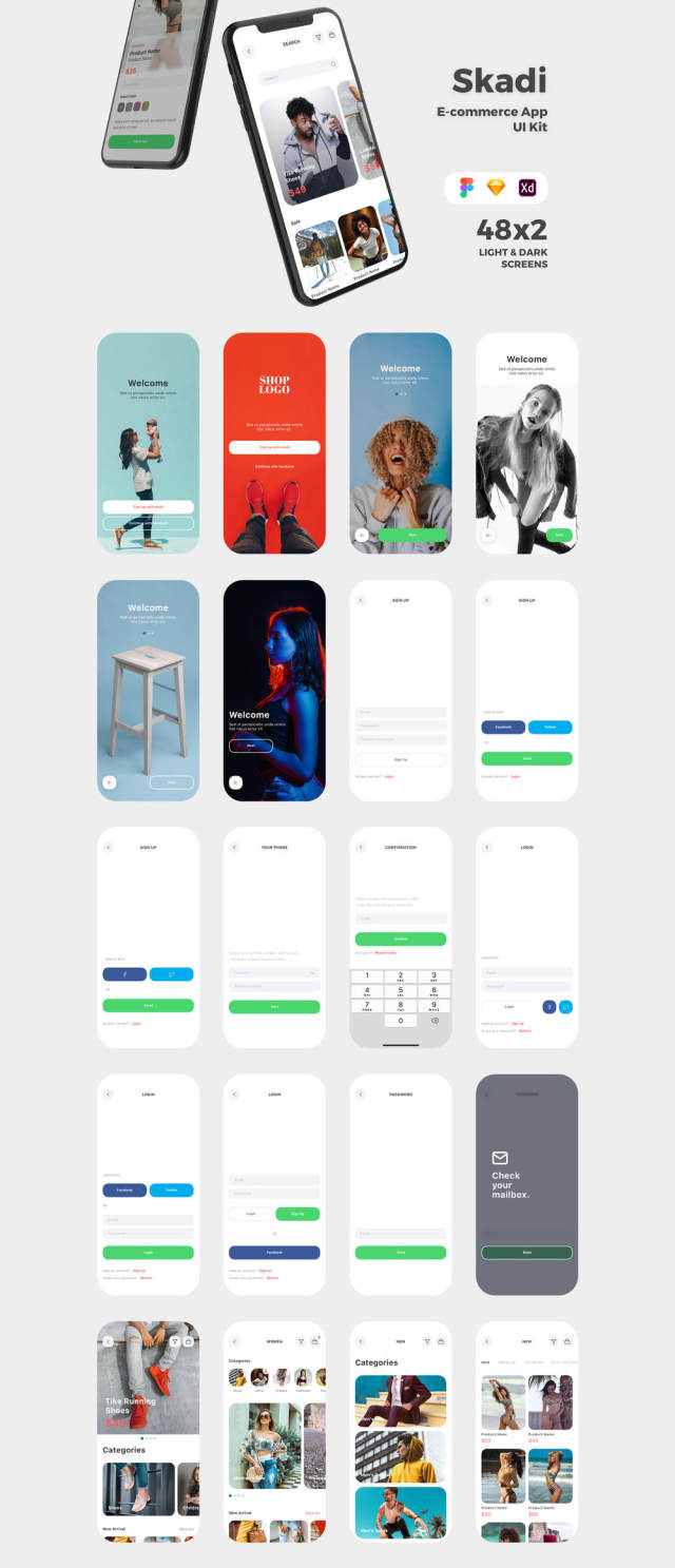 高品质的模板设计草图,Adobe公司的XD和FIGMA电子商务的移动应用程序,丝卡蒂电子商务应用UI工具包 高品质的模板设计草图,Adobe公司的XD和FIGMA电子商务的移动应用程序,丝卡蒂电子商务应用UI工具包